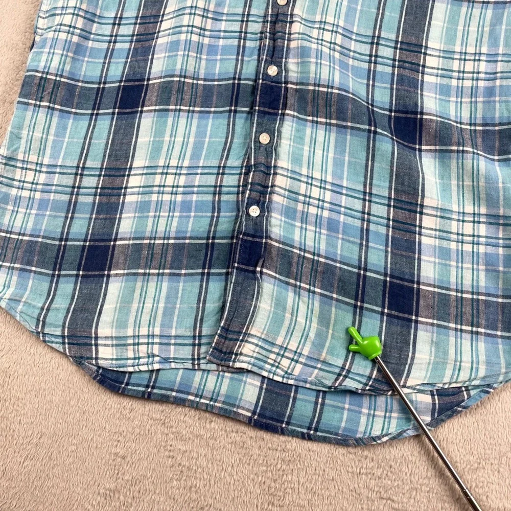 LL Bean Shirt Men LT Large Tall Blue Plaid 100% Linen Slightly Fitted Button Up - Picture 5 of 12